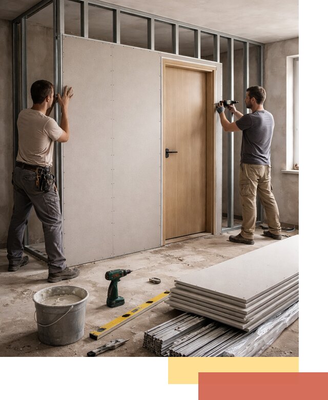 Перегородка из гипсокартона с дверью под ключ в Гуково