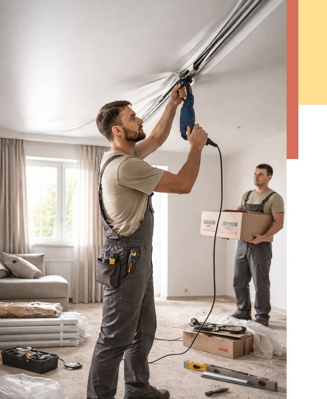 Монтаж сатинового натяжного потолка в Гуково от 3593 руб. | Быстро, недорого — ОТДЕЛОЧНИК-Гкв