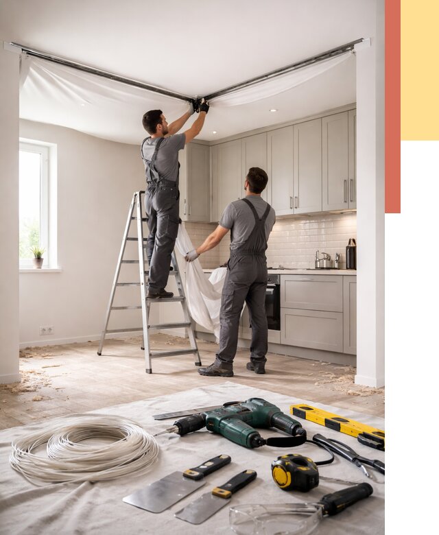 Установка натяжного потолка на кухне в Гуково от 2464 руб. | ОТДЕЛОЧНИК-Гкв