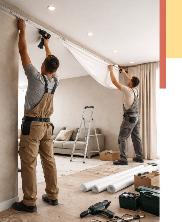 Монтаж натяжного потолка в гостиной в Гуково от 565 руб. | ОТДЕЛОЧНИК-Гкв