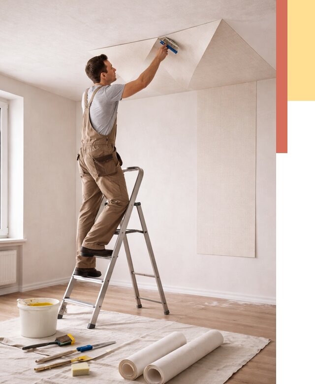 Поклейка обоев на потолок в Гуково от 4620 руб. быстро и недорого | ОТДЕЛОЧНИК-Гкв